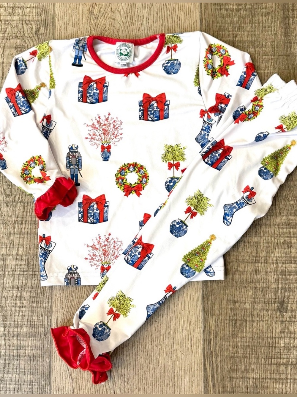 Classic Southern Smocks Toddler White Holiday Pajama Set with Red Trim
